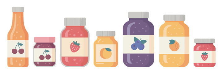 Jam jars clipart set, assorted berry preserves with syrup contents, flat vector illustration of sweet fruit spreads for food branding and packaging design. © Ayat 04