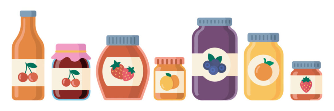 Jam jars clipart set, assorted berry preserves with syrup contents, flat vector illustration of sweet fruit spreads for food branding and packaging design.