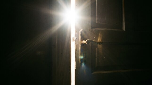 A close-up of a modern door handle with a sliver of brilliant light coming through the crack of the door