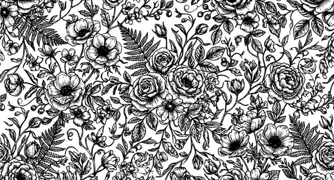 Black and white raster floral seamless pattern hand drawn engraved flowers and leaves botanical illustration background