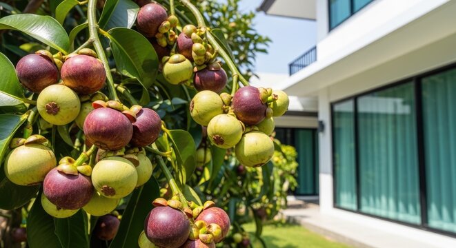 Ripe jujube fruits growing on a leafy tree branch beside a modern house, showcasing abundant harvest, healthy growth, and vibrant natural garden scenery
