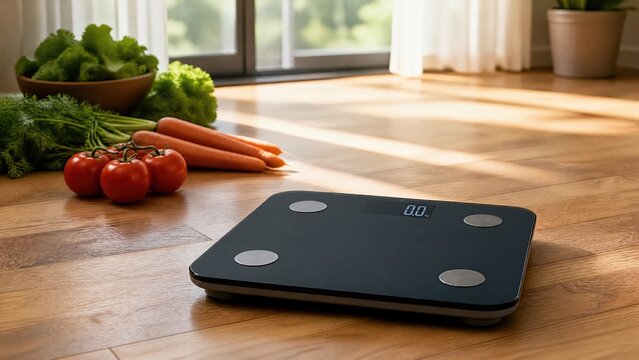 A digital scale placed near fresh vegetables, symbolizing a healthy lifestyle in a cozy home setting.