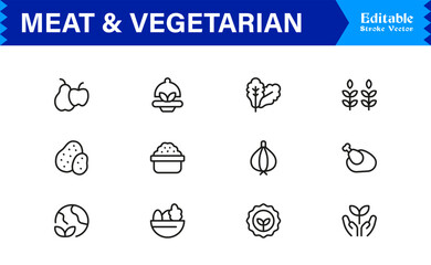 Fototapeta premium Meat And Vegetarian Line Icon Collection – Modern, Minimal, Editable Outline Icons for Food, Diet, Nutrition, Cuisine, Organic and Culinary Design