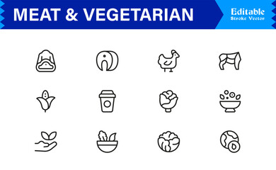 Fototapeta premium Meat And Vegetarian Line Icon Collection – Modern, Minimal, Editable Outline Icons for Food, Diet, Nutrition, Cuisine, Organic and Culinary Design
