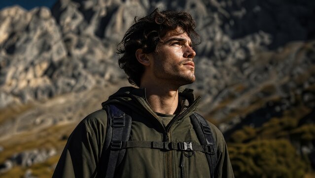 A young man gazes upward at a mountain, his resolve highlighted by dramatic lighting against a rocky backdrop.