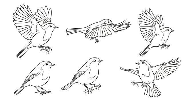 Set of Hand-Drawn Flying and Perched Robins in Line Art Style