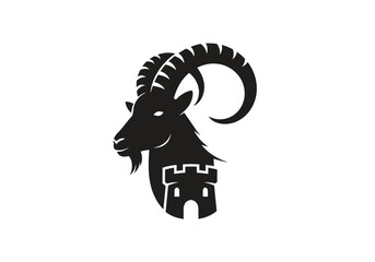 Black ibex head with castle tower base silhouette. © ikk