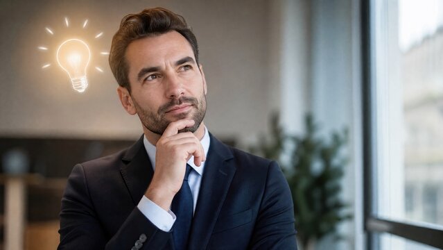 A businessman having a thoughtful idea in a clean office setting.