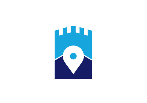 Blue castle tower and map location pin logo