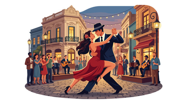 Romantic couple dancing tango on a cobblestone street in Buenos Aires Argentina with live musicians and a crowd of spectators in a vintage urban setting
