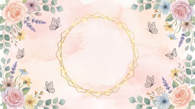 Beautiful floral arrangement with butterflies and flowers surrounding golden circle on soft pink background