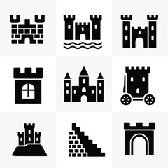Collection of black silhouette depicting various medieval castles, fortresses, stone towers, and gatehouses on a clean white background, for historical or, fantasy themes © MD