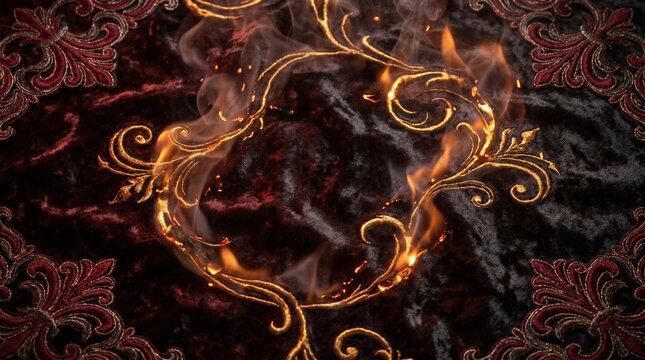 Burning flames engulf ornate red damask pattern on dark fabric background
