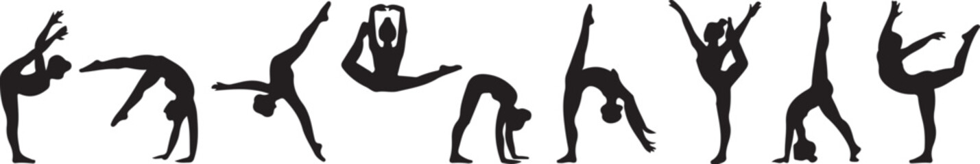 Silhouettes of gymnastic poses black silhouette of asport women gymnastics girl silhouette Gymnast girl silhouette isolated © Masud