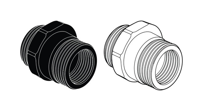 Pipe fitting silhouette black and white line drawing on white background