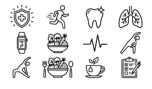 Good health wellness outline icon vector set with immunity fitness medical and wellbeing symbols
