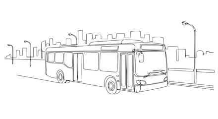 Hand-drawn sketch of a modern city bus on a street with cityscape background © Hujan