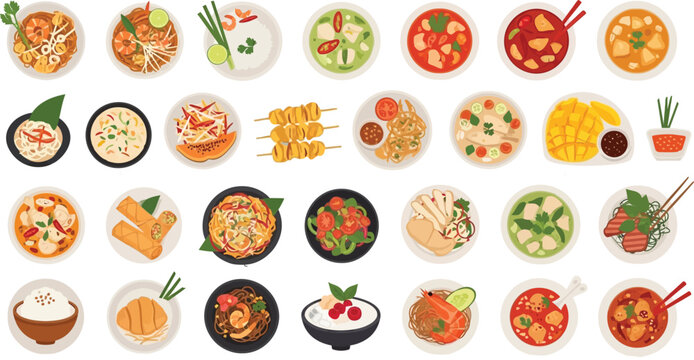 Flat illustration of various asian dishes and soups Vector