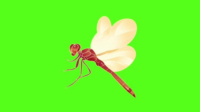 Red dragonflies flying in a row on green background