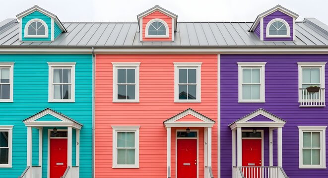 Colorful row houses with red doors and dormer windows