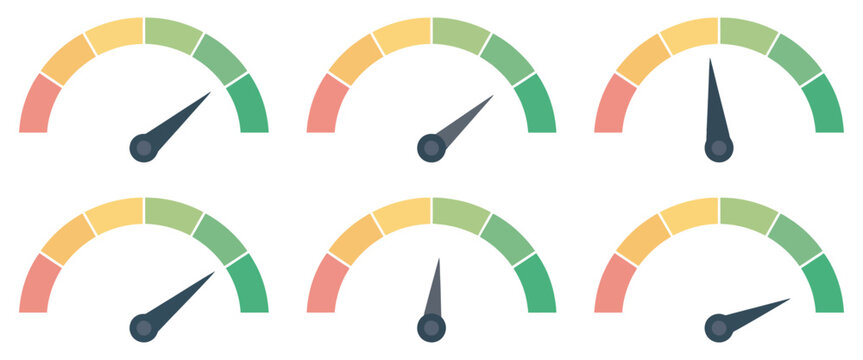 Speedometer and performance gauge icon set, vector dashboard meters with color indicators and dials, speed level and internet UI measurement graphics on transparent background.