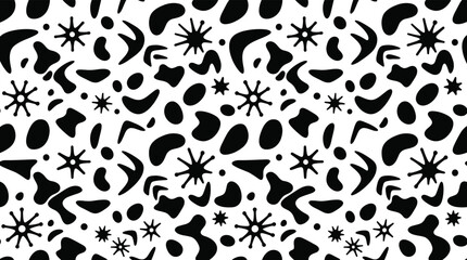 Fototapeta premium Seamless pattern featuring black organic blobs, dots, and star-like shapes on a white background, for decorative