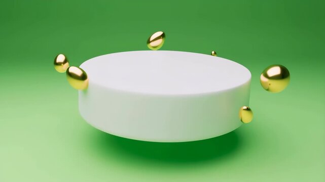 Minimalist white product display podium with rotating golden shapes on a green background