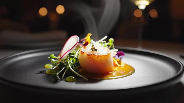 Gourmet scallop dish with microgreens and edible flowers presented on a dark plate