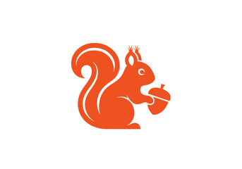 Minimalist orange squirrel holding a small acorn nut icon. © ikk