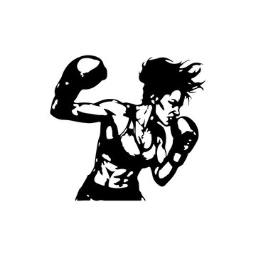 Fierce female boxer throwing an uppercut punch. Black and white line art vector illustration of women boxing athlete in action.