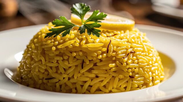 Close-up of steaming saffron rice garnished with lemon and parsley on a white plate