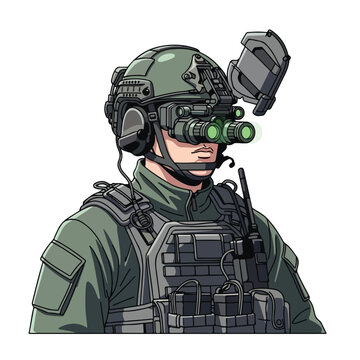 Military soldier in green tactical gear with night vision goggles on white background
