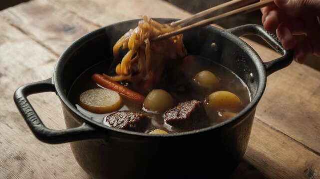 Traditional Japanese Hot Pot with Vegetables and Beef