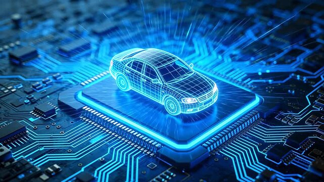 Blue digital car wireframe model floating on chip platform with circuit board background
