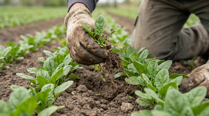 Fototapeta premium Gloved hand pulling green weeds, removing small plant from soil row, kneeling in agricultural field, crop protection and maintenance