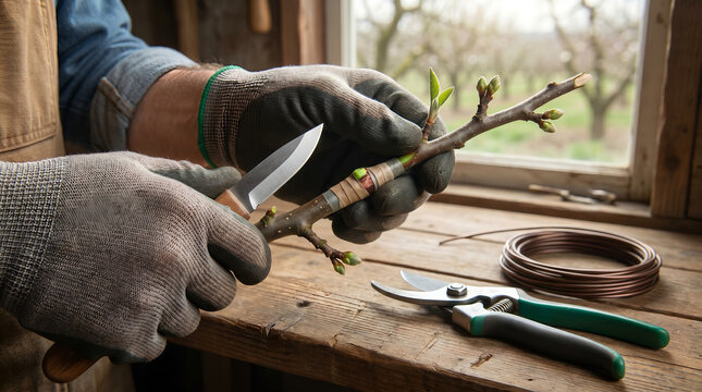 Worker hands grafting fruit tree branch, using sharp knife and grafting tape, working on wooden table, orchard propagation and pruning