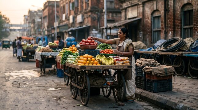 Street Vendor Selling Fresh Vegetables and Fruits from a Traditional Cart in India.