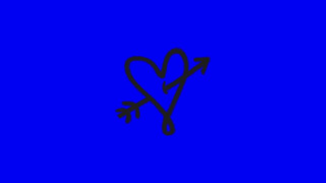 Animated hand drawn vector heart graphic with arrow piercing through symbolizing love and affection set against a vibrant solid blue background perfect for valentine's day or romantic concepts