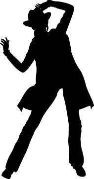 Bold black silhouette of a woman in a cowboy hat and leather outfit, striking pose. Perfect for graphic design, branding, or minimalist art projects.