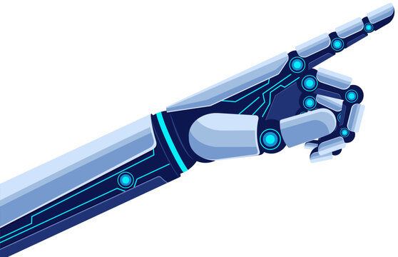Clean, isolated robotic metallic arm. Perfect for robotics, engineering, or high tech product visualization. Digital finger pointing touch connection technology on isolated background.
