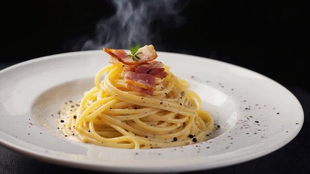 Delicious Spaghetti Carbonara with Bacon and Pepper Sprinkled on a White Plate