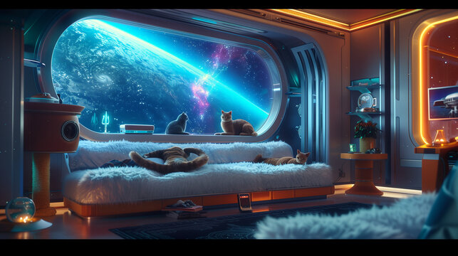 Peaceful futuristic space lifestyle with fluffy cats and cozy interior, 4K resolution