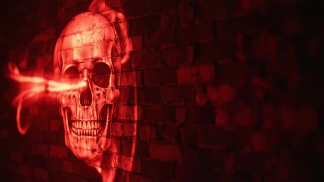 Realistic red light projection of a human skull onto an aged dark brick wall in a dimly lit setting. The composition shows the textured wall with eerie smoky light effects.