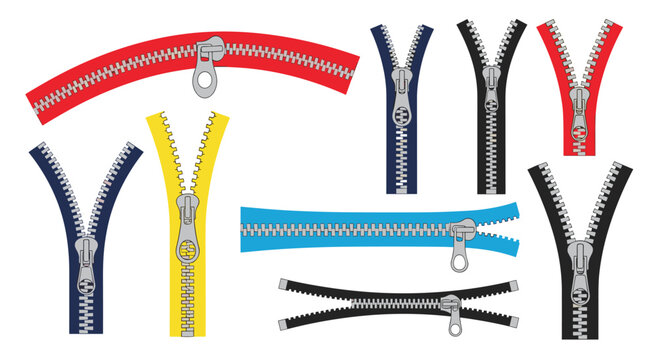 Set of various clothing zippers shown in different states of open and closed in colors like red, blue, yellow, and black.