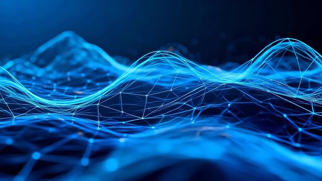 Abstract blue glowing grid waves with digital data flow structure