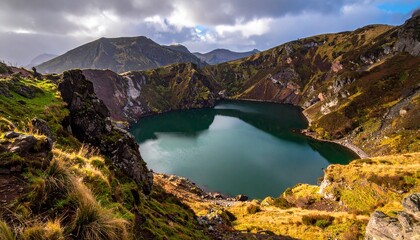 Obraz premium Serene mountain lake in rugged landscape.