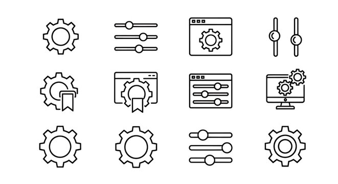 Set of line art gears and slider icons for settings and UI design.