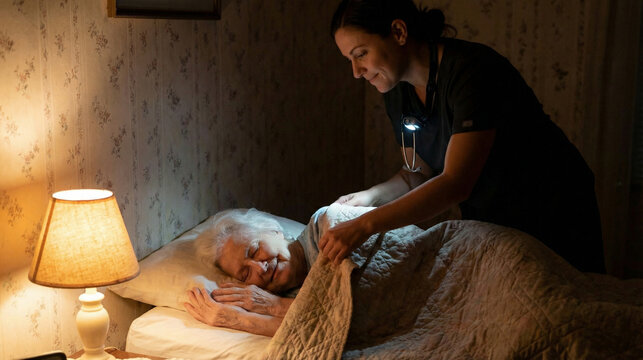 Caring Nurse Comforts Elderly Woman in Dimly Lit Bedroom