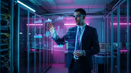 Fototapeta premium Businessman Using Augmented Reality Interface in Server Room