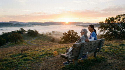 Fototapeta premium Caregiver and Senior Enjoying Scenic Sunset View Together